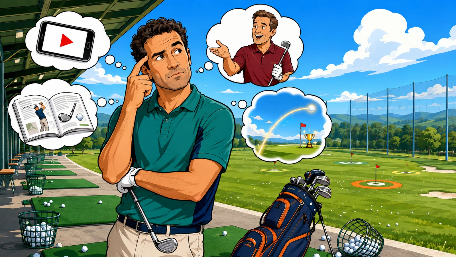 Forvirret golfspiller på en driving range med tankebobler om golfvideo, ven, golfmagasin og drømmeslag.