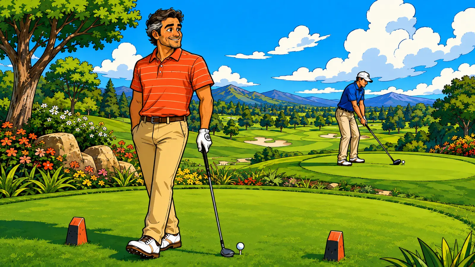 Tegnet golfspiller vælger roligt en håndterbar kølle og et passende teested, mens en anden spiller gør sig klar længere tilbage.