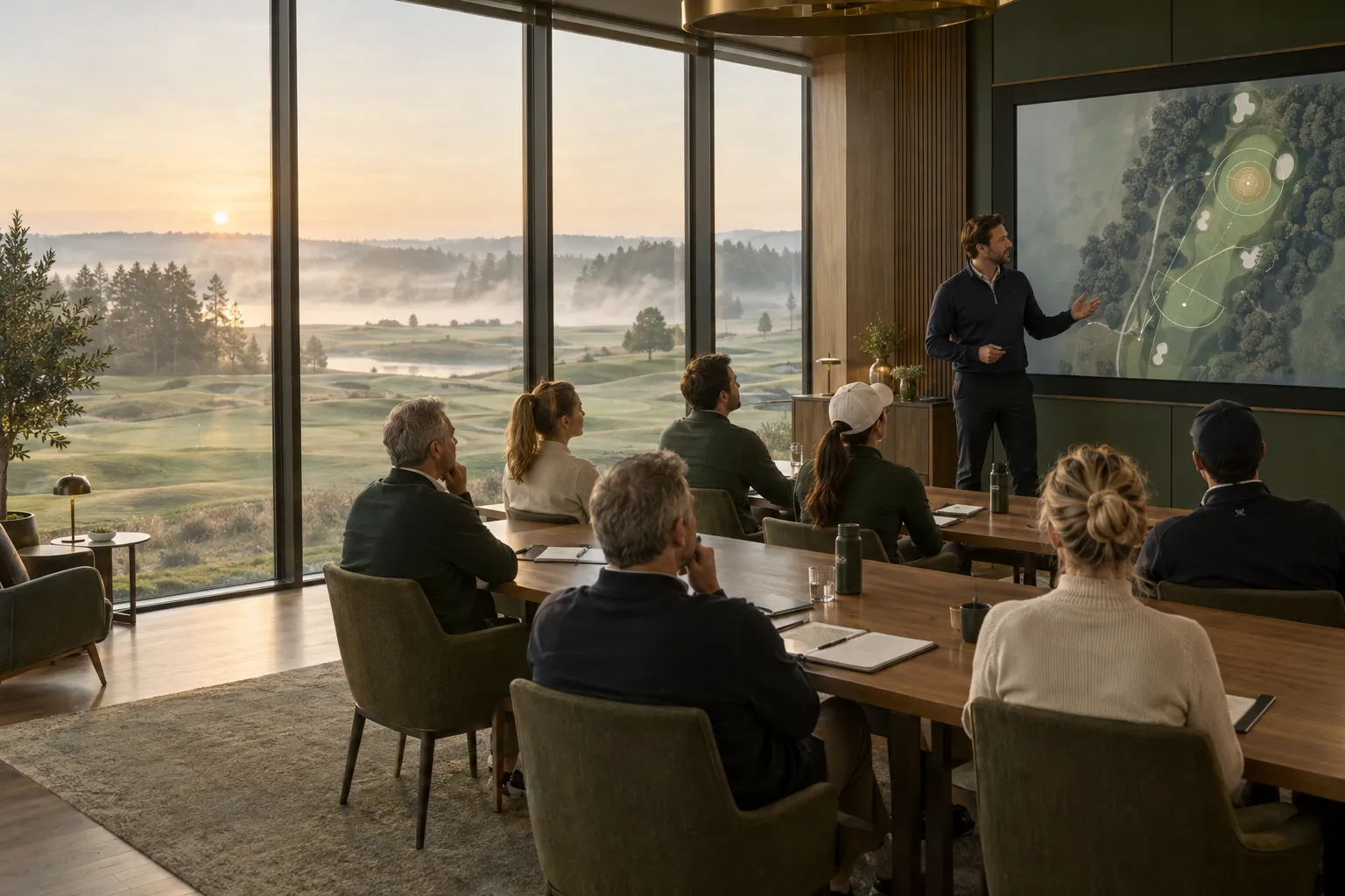 Golfers listening to a GolfBoosters instructor in a clubhouse seminar room