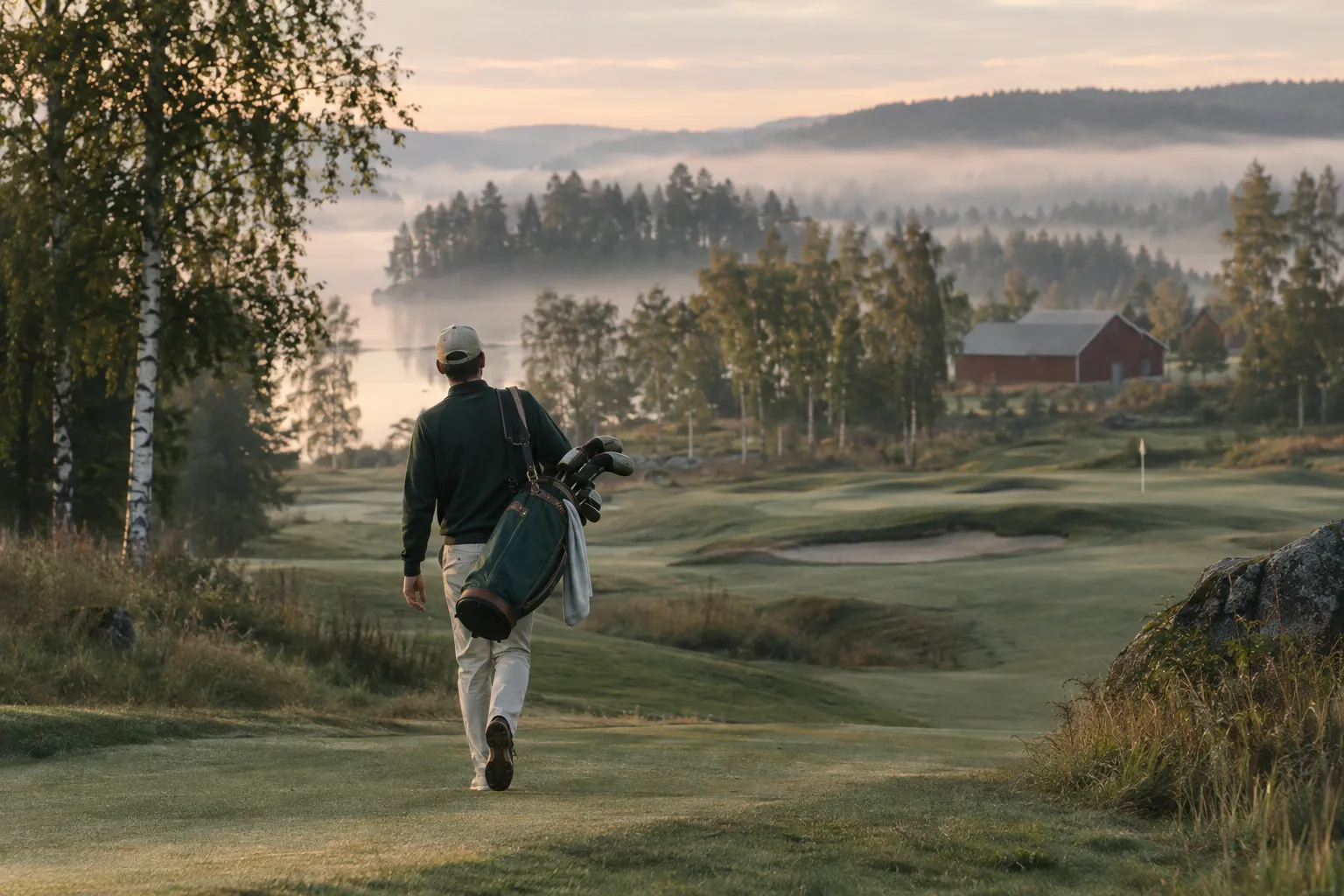 En golfspiller går ad en tåget fairway med birkeskov og en rød lade